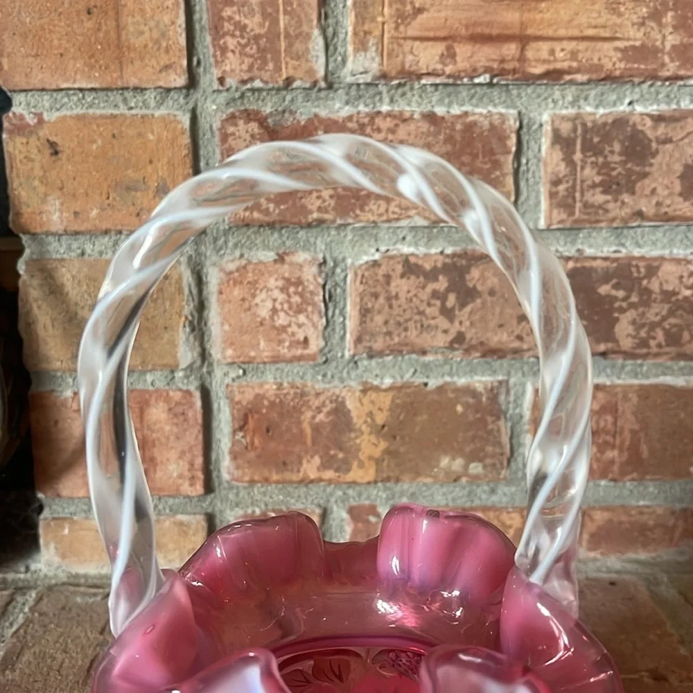 Fenton Cranberry Opalescent Art Glass Hand Painted Floral Basket Signed